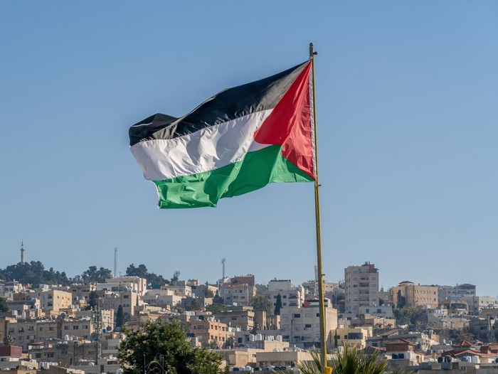 The large Palestinian flag (flag of Palestine) is waiving above the city.