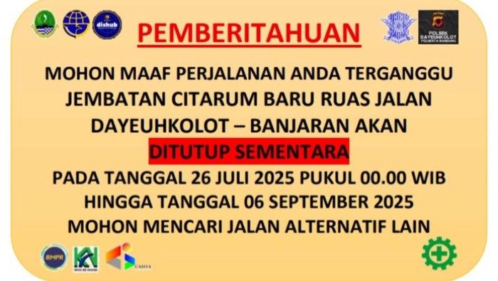 Informasi penutupan sementara Jalan Dayeuhkolot-Banjaran akibat perbaikan jembatan.