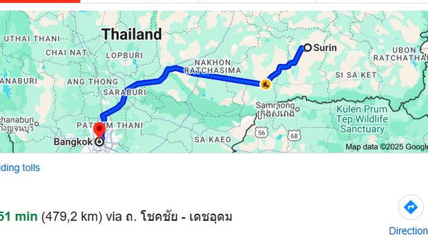Jarak antara Surin dan Bangkok, yang menjadi pusat pemerintahan Thailand