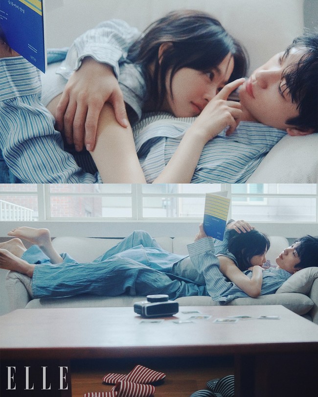 Dalam salah satu foto yang viral, Park Bo Young tampak merebahkan tubuhnya di atas Jinyoung GOT7 yang berbaring di sofa. Sang aktor tampak santai membaca buku, sementara sang aktris tersenyum sambil memperhatikan wajah lawan mainnya itu dari jarak dekat. Foto: dok. Elle Korea