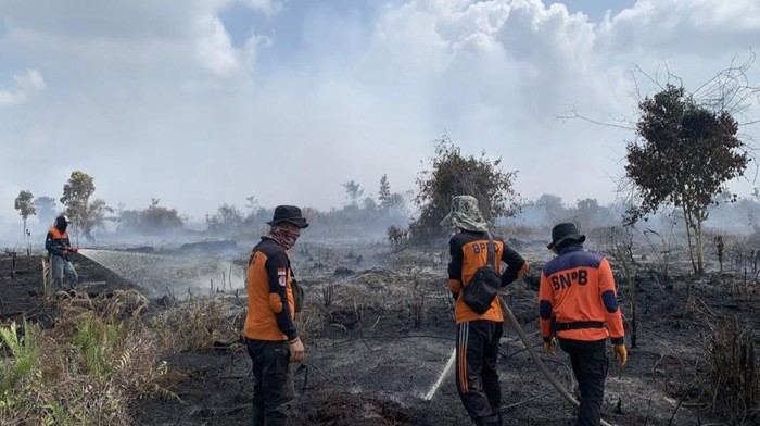 Pemadaman di lahan gambut Desa Gambut Jaya yang terbakar
