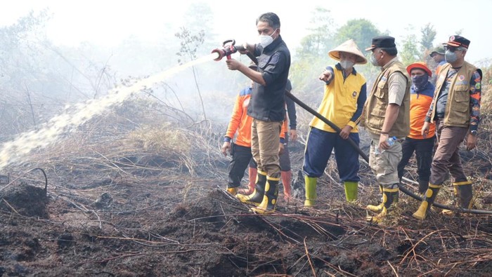 Wakil Bupati Muaro Jambi Junaidi Mahir saat ikut padamkan api di lahan gambut