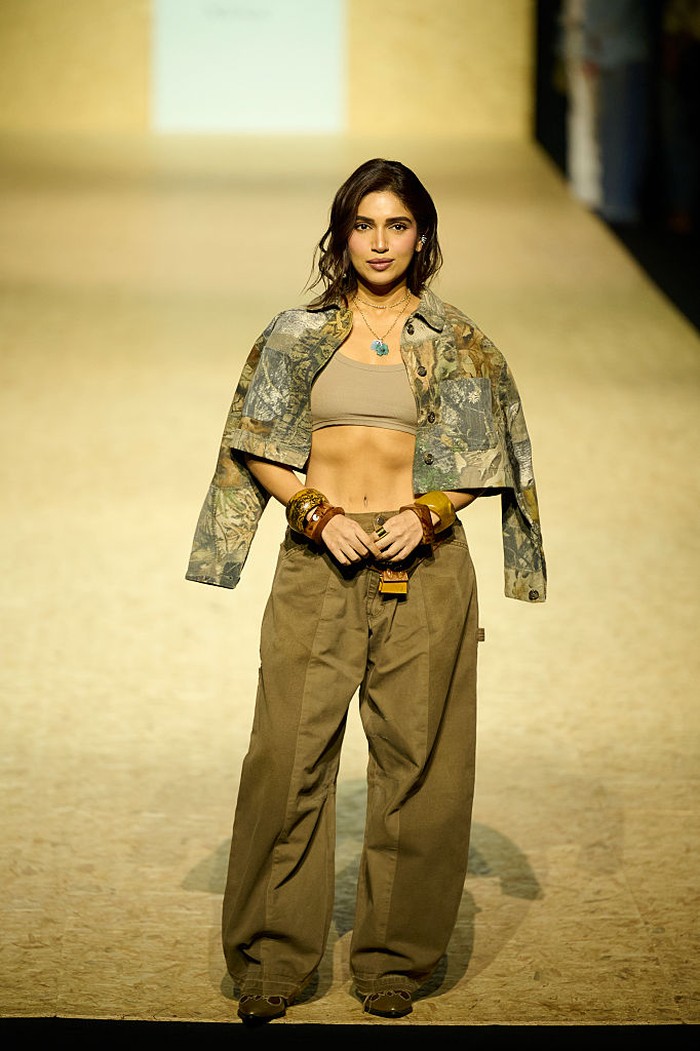 MUMBAI, INDIA - MARCH 27: Bhumi Pednekar walks the runway for R ELAN - Circular design challenge in partnership with UN in India, presented by RKIVE CITY during Lakme Fashion Week 2025 on March 27, 2025 in Mumbai, India. (Photo by Aalok Soni/Getty Images)