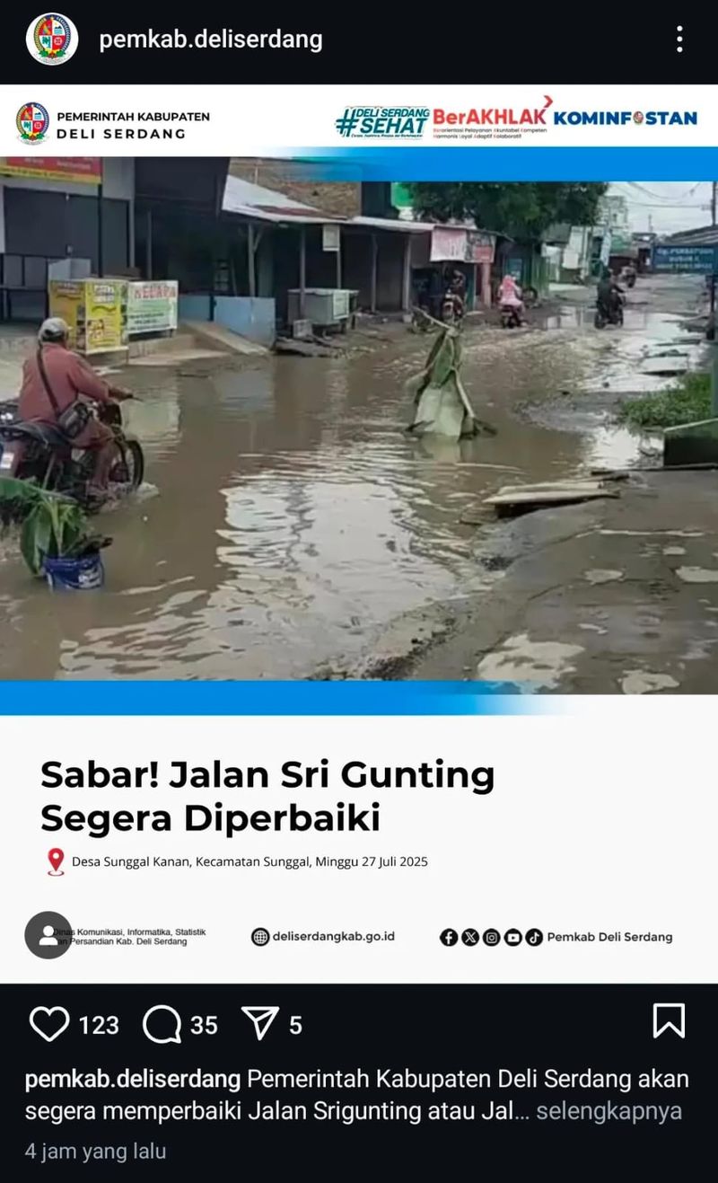 Unggahan akun Instagram Pemkab Deli Serdang soal jalan rusak yang sudah dihapus