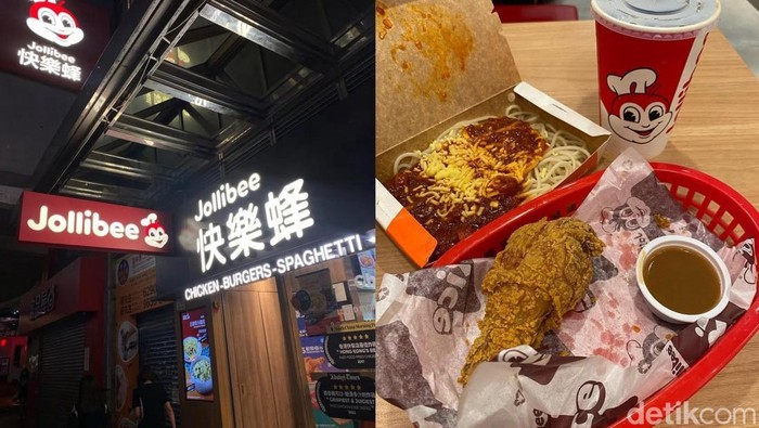 Menu makanan ikonik dari Chicken Joy hingga Spaghetti di restoran Jollibee asal Filipina, yang ada di Hong Kong.