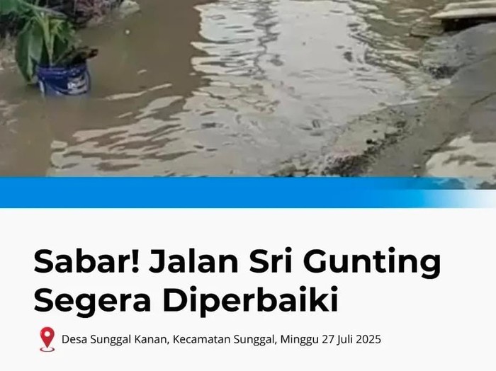 Tangkapan layar unggahan Pemkab Deli Serdang soal Jalan Srigunting yang rusak