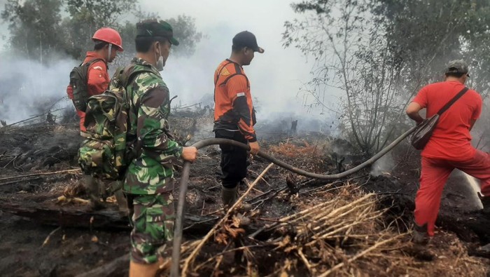 Petugas saat memadamkan karhutla di Muara Enim