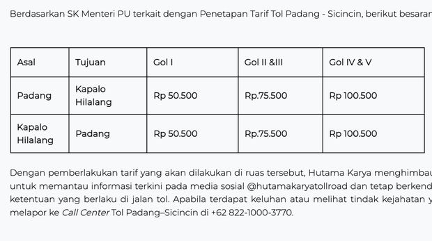 Tarif jalan tol Pekanbaru – Padang Seksi Padang – Sicincin. (Dok. Hutama Karya)