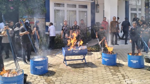 Pemusnahan rokok dan minuman alkohol ilegal di halaman Kantor Bea dan Cukai Labuan Bajo, Manggarai Barat, NTT, Selasa (29/7/2025). (Ambrosius Ardin)