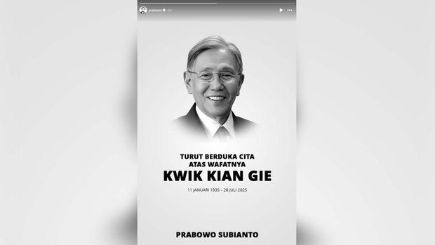 Presiden Prabowo Subianto mengucapkan turut berduka cita atas wafatnya Kwik Kian Gie pada instagram pribadinya. (Instagram/Prabowo)