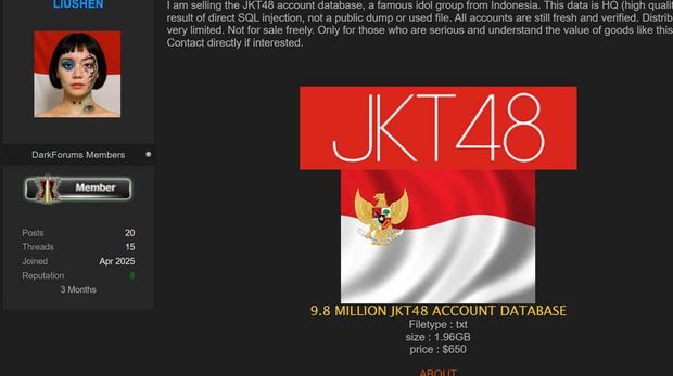 Thread hacker yang menjual data diduga 9,8 juta member fans JKT48