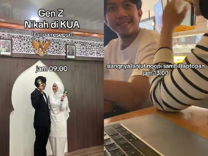 Foto pernikahan pasangan Radya dan Jundi yang menikah di KUA, tanpa menggelar resepsi. Postingan tentang pernikahan keduanya langsung viral di media sosial.