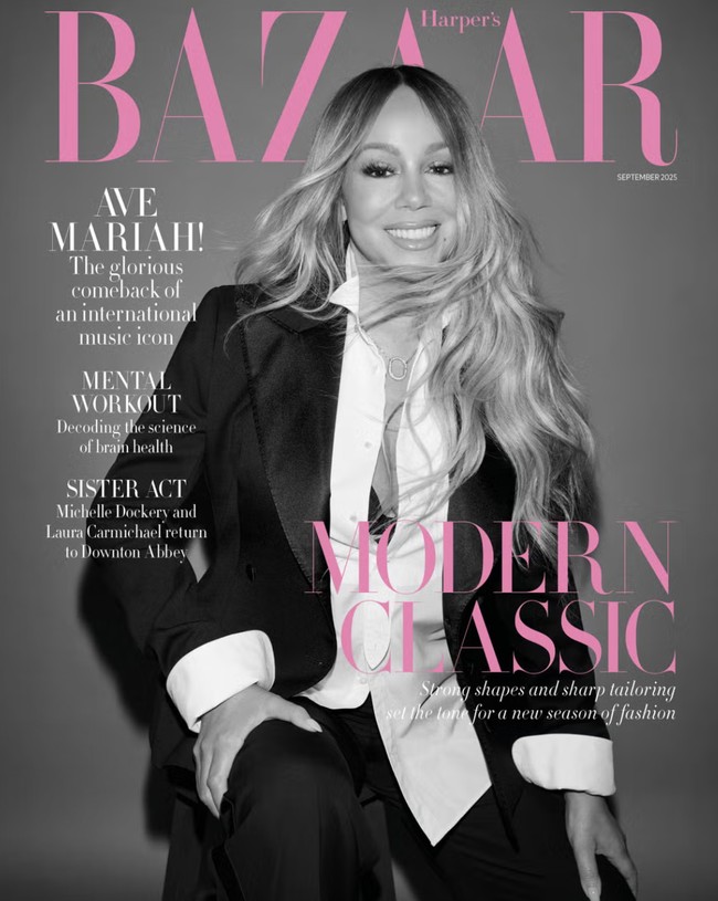 Untuk tampilan sampul, Mariah mengenakan jas dan kemeja putih yang menonjolkan sisi glamor klasik. Tatanan rambut bergelombang menjadi ciri khasnya selama bertahun-tahun. Foto: dok. Harpers Bazaar UK