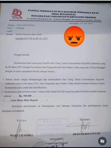 Surat permohonan bantuan dana dari Panitia HUT RI ke-80 Desa Sitanggal Brebes.