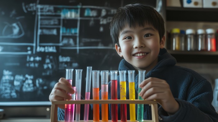 Anak di laboratorium sains.