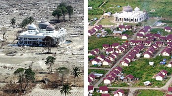 Hampir seluruh bangunan di sekitar masjid di Provinsi Aceh, Indonesia, hancur akibat tsunami Desember 2004, 15 Januari 2005. Kanan: Rumah-rumah baru mengelilinginya pada 8 Desember 2006. Foto: Radio Free Asia