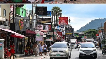 Tsunami Samudra Hindia menyebabkan kendaraan-kendaraan saling menumpuk di Jalan Patong di Phuket, Thailand, 28 Desember 2004. Bawah: Jalan yang sama pada 18 November 2024. Foto: Radio Free Asia