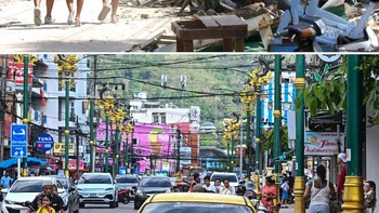 Peralatan konstruksi digunakan untuk membersihkan puing-puing dari jalan di Phuket, Thailand, pascatsunami, 28 Desember 2004. Bawah: Jalan terlihat pada 18 November 2024. Foto: Radio Free Asia