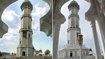 Orang-orang berjalan di antara puing-puing akibat tsunami di Masjid Raya Baiturrahman di Banda Aceh, Indonesia, 28 Desember 2004. Kanan: Masjid tersebut terlihat pada 27 November 2024. Foto: Radio Free Asia
