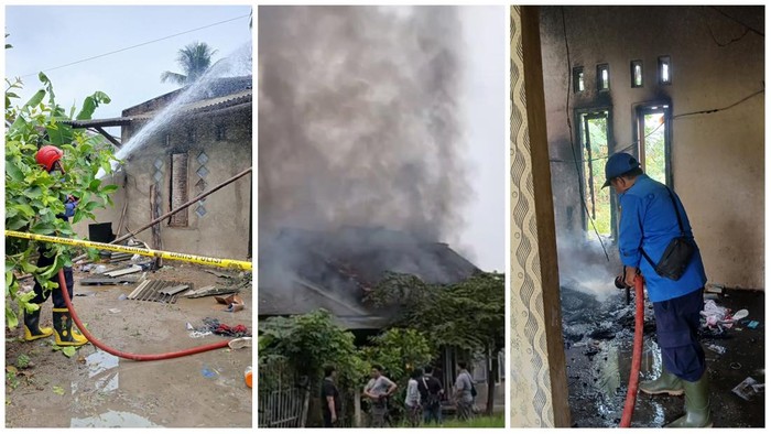 Petugas saat memadamkan rumah pembunuh pegawai koperasi di Lampung Selatan