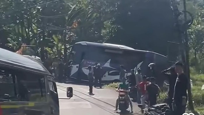 Bus terperosok ke sawah di Puncak Bogor. (Dok. screenshot video viral)