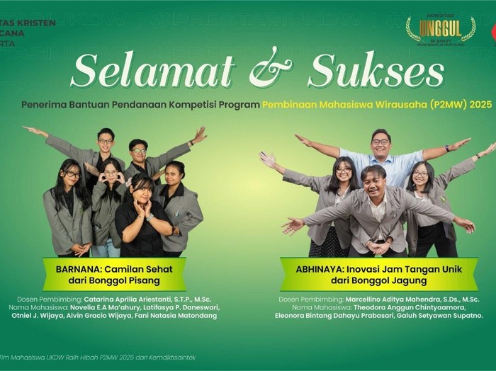 Dua tim mahasiswa UKDW mendapat pendanaan Program Pembinaan Mahasiswa Wirausaha (P2MW) 2025, Jumat (1/8/2025).