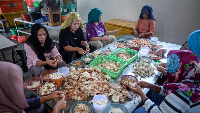 Nilai ekspor produk perikanan Pekerja memisahkan daging rajungan dari cangkangnya di Desa Surya Bahari, Pakuhaji, Kabupaten Tangerang, Banten, Jumat (1/8/2025). Kementerian Kelautan dan Perikanan mencatat nilai ekspor produk perikanan pada kuartal I 2025 mencapai 1,94 miliar dolar AS atau meningkat 6,5 persen dibanding kuartal yang sama pada tahun sebelumnya senilai 1,82 miliar dolar AS. ANTARA FOTO/Putra M. Akbar/agr
