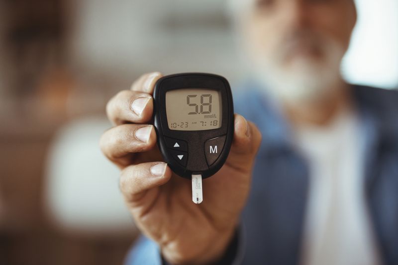Diabetic checking blood sugar levels. Man checking blood sugar level by glucometer and test stripe at home