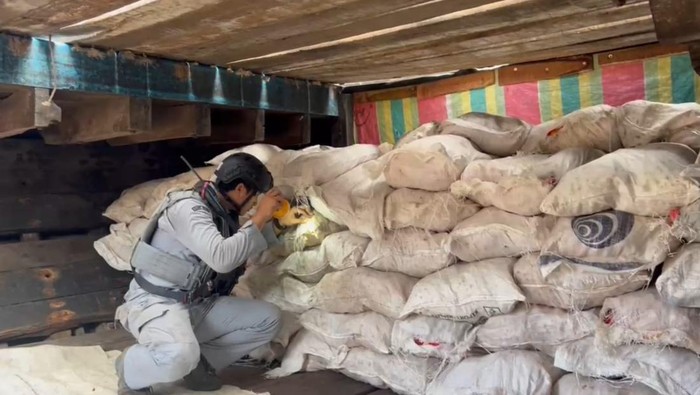 Bakamla RI melalui unsur KN Tanjung Datu-301 mengamankan kapal KM Sinar Bahtera yang diduga menyelundupkan 400 karung bawang merah di Kepri. (dok Bakamla)