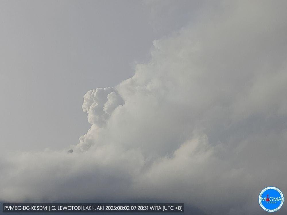 Erupsi Gunung api Lewotobi laki-laki pada Sabtu 2 Agustus 2025, pukul 07:28 WITA, dari depan pos PGA Lewotobi laki-laki. (Dok. PVMBG, Badan Geologi, KESDM)
