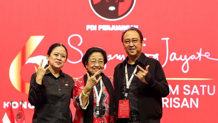 Megawati, Puan Maharani, dan Prananda Prabowo saat Kongres ke-6 PDIP di Bali.