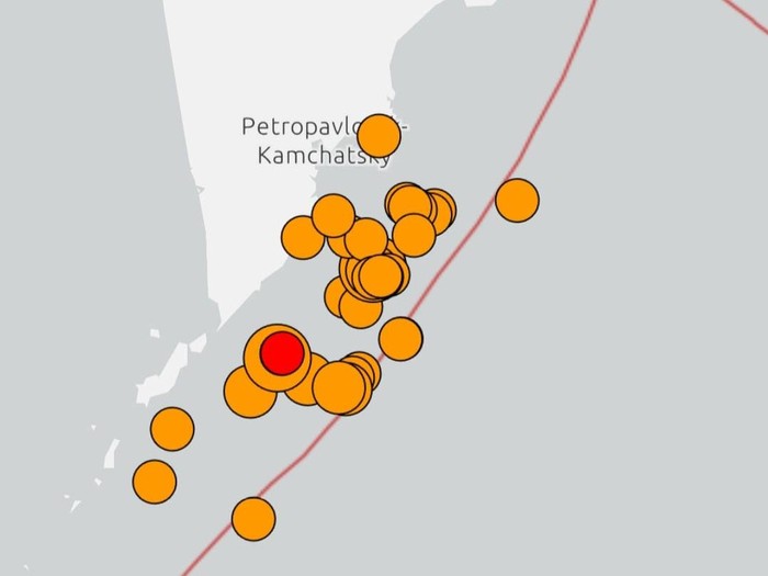 Titik gempa susulan berkekuatan M 6,8 terjadi dekat pesisir timur Kamchatka, Rusia. (dok.BMKG)