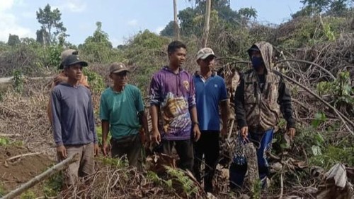 Warga dan Kades Labuan Kananga, Kecamatan Tambora, Kabupaten Bima, NTB, mengecek aktivitas pembabatan hutan di lereng Gunung Tambora oleh PT AWB, belum lama ini. (Istimewa)