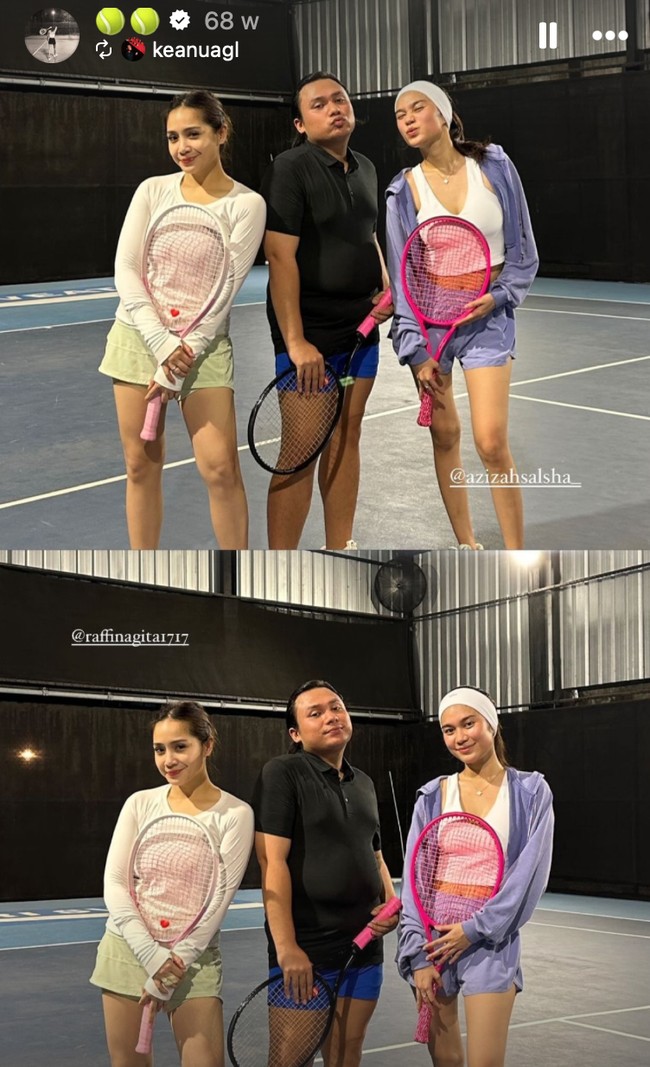 Azizah juga kerap bermain tenis bersama para rekan artisnya, seperti Nagita Slavina dan Keanu. Ia mengenakan atasan crop top putih tanpa lengan dipaukan dengan celana pendek dan jaket ungu. Penampilannya kian stylish dengan headband putih di kepalanya. Foto: Instagram/@azizahsalsha_