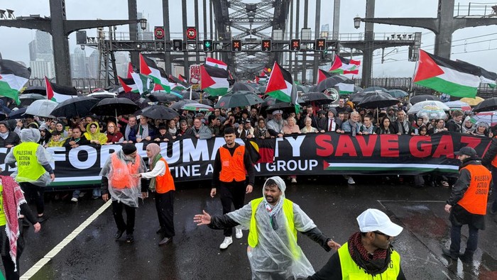 Protesters walk across the Sydney Harbour Bridge during the Palestine Action Group's March for Humanity in Sydney, Australia, August 3, 2025. AAP/Dean Lewins via REUTERS ATTENTION EDITORS - THIS IMAGE WAS PROVIDED BY A THIRD PARTY. NO RESALES. NO ARCHIVE. AUSTRALIA OUT. NEW ZEALAND OUT. NO COMMERCIAL OR EDITORIAL SALES IN NEW ZEALAND. NO COMMERCIAL OR EDITORIAL SALES IN AUSTRALIA.
