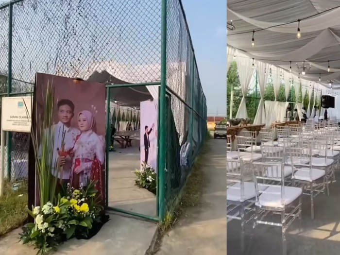 Pengantin yang berada di Cikarang ini memilih menggelar acara pernikahan di lapangan tenis, unik dan tak biasa. Postingan tersebut langsung viral di media sosial.
