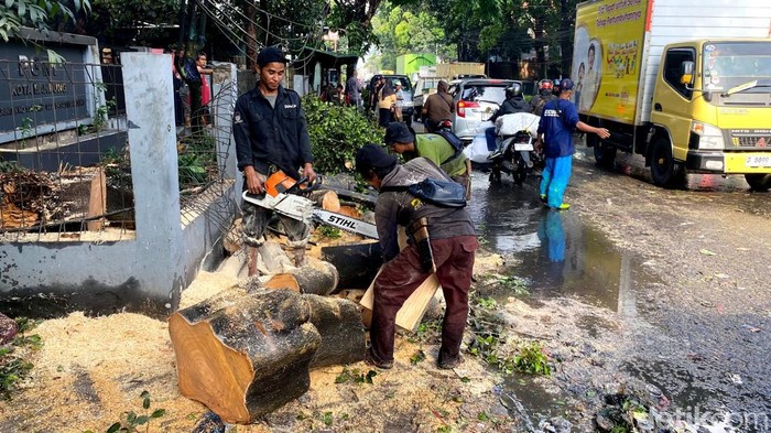 Petugas gabungan sedang membersihkan sisa pohon tumbang yang sempat menutup Jalan Babakan Ciparay, Kota Bandung