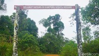 Gapura tradisional Desa Merabu. Dari dermaga, petualangan berlanjut dengan berjalan kaki sekitar 20 menit, menempuh 1,2 kilometer melalui hutan dan jalur yang telah dirapikan.