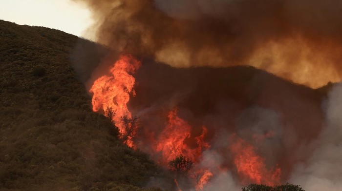 Kebakaran Gifford Melalap 65 Ribu Hektar Lahan di Lereng Bukit California Firefighters battle the Gifford Fire in brush-covered hillsides west of New Cuyama, California, U.S. August 4, 2025. REUTERS/David Swanson