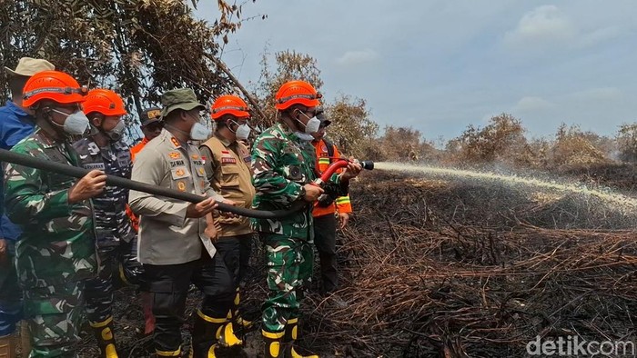 Pangdam I/Bukit Barisan Mayjen TNI Rio melakukan pemadaman (Raja Adil/detikcom)
