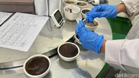 Demi menjaga kualitas hasil kopi yang stabil, ada ruangan laboratorium khusus. Di sini biji kopi dinilai secara teliti mulai dari warna hingga kelembapannya. Foto: Andi Annisa/detikcom