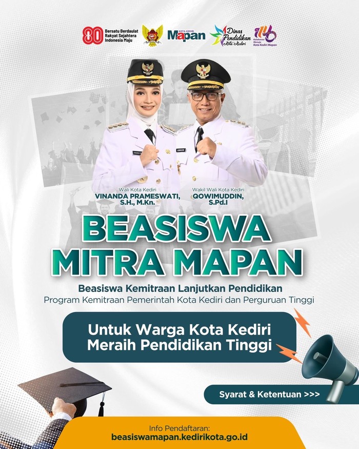 Wali Kota Kediri, Vinanda Prameswati menyampaikan bahwa Beasiswa Mitra MAPAN merupakan bentuk nyata dukungan pemerintah terhadap anak-anak muda Kota Kediri yang memiliki semangat belajar, namun terbatas secara ekonom