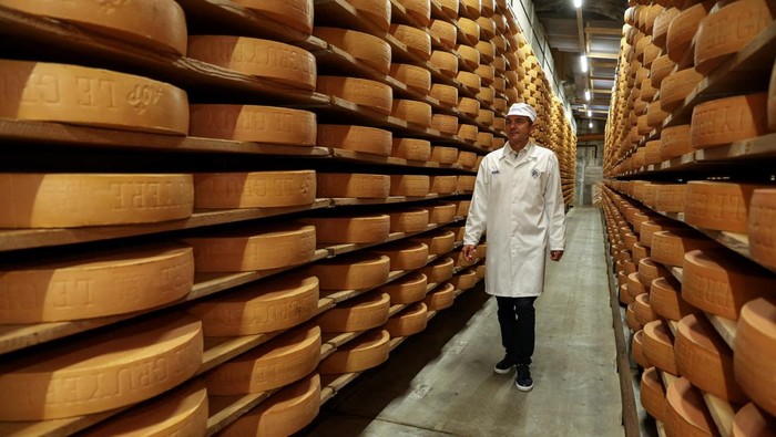Ageing Gruyere cheese wheels lie at the Margot Fromages family-owned maturing cellar in Yverdon-les-Bains, Switzerland, August 5, 2025. REUTERS/Manuel Ausloos