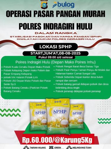 Polres Inhu menggelar operasi pasar di 11 titik pada Jumat (8/8/2025) besok. Beras SPHP dijual Rp 60 ribu  per 5 kilogram.