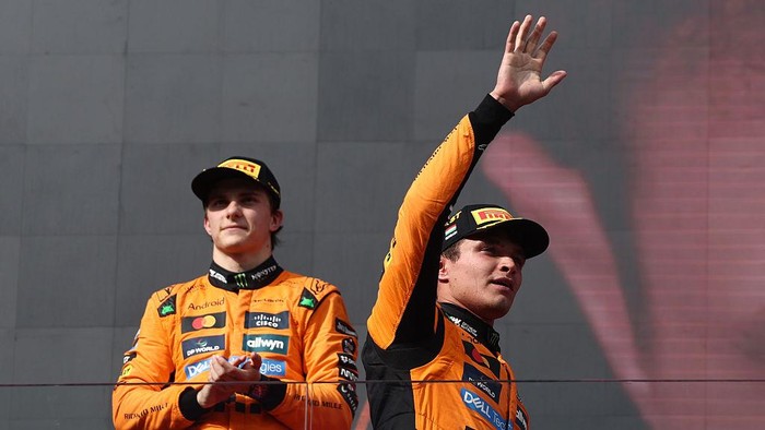 Oscar Piastri and Lando Norris of McLaren after the Formula 1 Hungarian Grand Prix at Hungaroring in Budapest, Hungary on August 3, 2025. (Photo by Jakub Porzycki/NurPhoto via Getty Images)