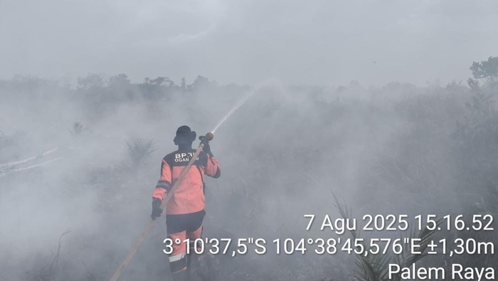 Satgas darat berupaya padamkan api di Ogan Ilir.