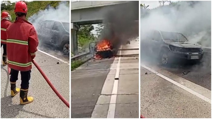 Tangkap layar video upaya pemadaman mobil yang terbakar di Tol Bakter Lampung