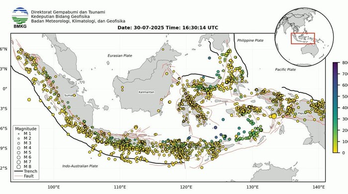 Peta aktivitas gempa di Indonesia pada bulan Juli 2025