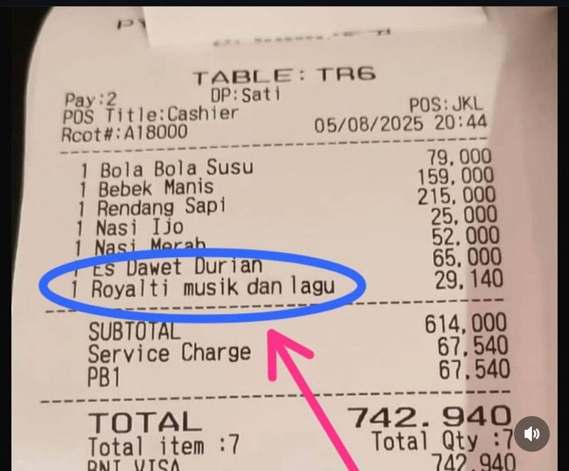 Viral Struk Makan di Resto Ada Biaya Royalti Musik Rp 29 Ribu.