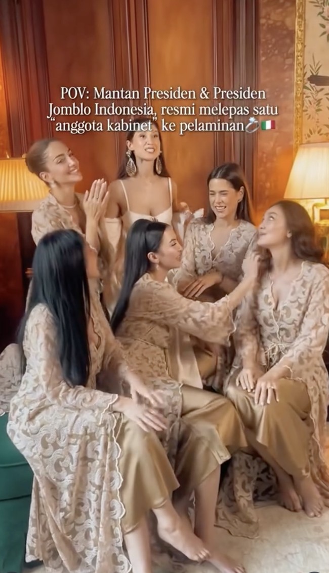 Inilah suasana sesi pemotretan Millane bersama para bridesmaid-nya yang kompak dalam balutan dress renda kecoklatan jelang seremoni pernikahan. (Foto: Instagram/@moonshine2nd_lunamaya)
